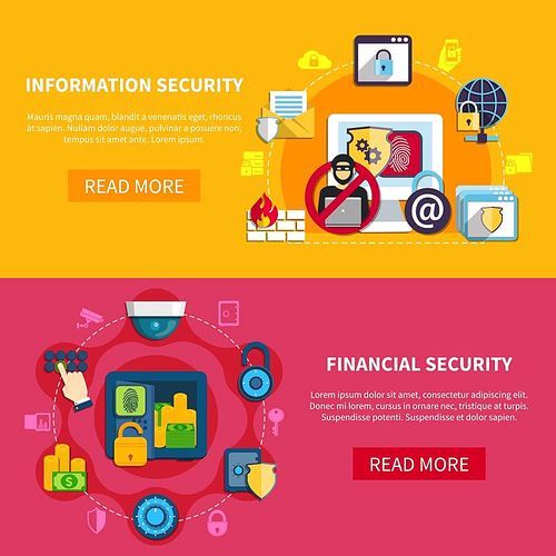 Security horizontal banners set with information and financial security symbols flat isolated vector illustration