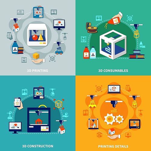 Volumetric printing 2x2 design concept with printing details consumables and 3d construction flat compositions vector illustration