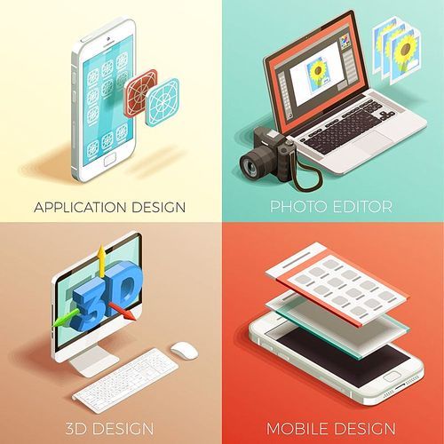 Isometric 2x2 concept set of various kinds of graphic design on colorful backgrounds 3d isolated vector illustration