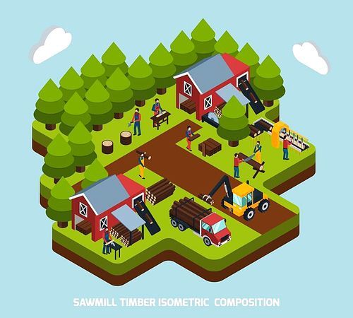 Timber production isometric composition with special equipment and machines symbols vector illustration