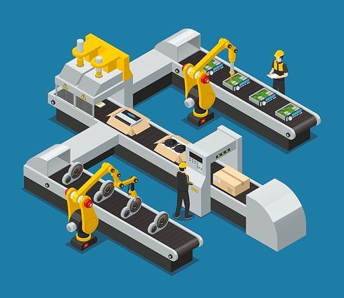 Colored car electronics autoelectronics isometric factory composition with robotized process in the factory vector illustration