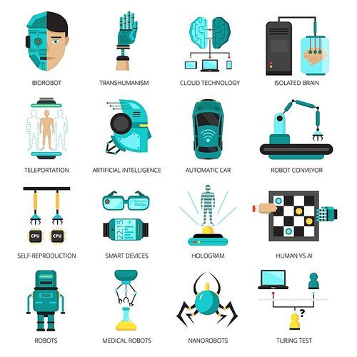 Colored artificial intelligence icon set with biorobot isolated brain teleportation hologram and other technologies vector illustration