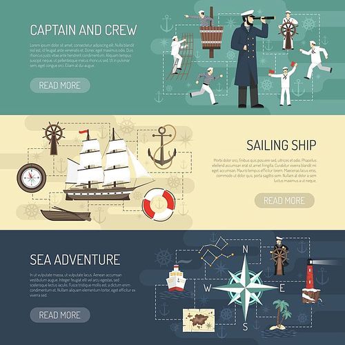 Sailing ship history captain crew and sea adventure information 3 horizontal banners webpage design isolated vector illustration