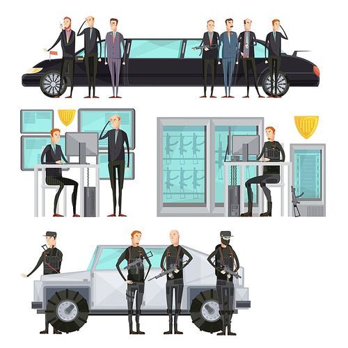 Intelligence agency colored flat composition with security and cars protection and scanning vector illustration
