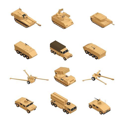 Military vehicles isometric icon set in beige tones for warfare and training in the army vector illustration