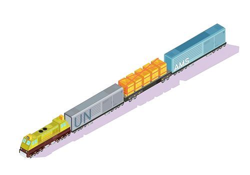 Trains isometric set of cars with locomotive engine boxcars and freight refrigerator rail vans with shadows vector illustration