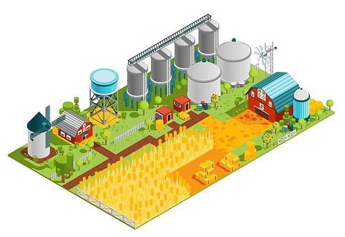 Farm rural buildings isometric composition with houses reservoirs mill and plantation field of wheat vector illustration