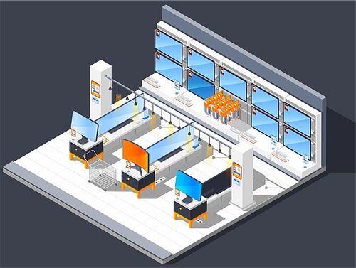 Electronics supermarket isometric composition with electrical shop room with widescreen tv monitors and equipment for sale vector illustration