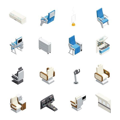 Isolated airplane interior isometric icon set with elements seats and equipment on the board vector illustration