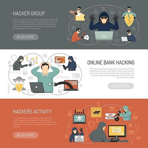 Three colored flat hacker horizontal banner set with hacker group online bank hacking hackers activity descriptions vector illustration