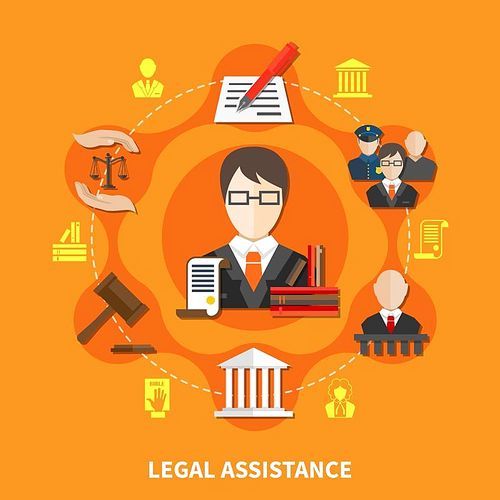 Law orange composition with advocate in court of law and legal justice headline vector illustration