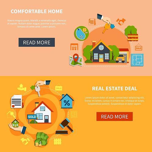Real estate deal and search of comfortable home horizontal banners set isolated on colorful backgrounds flat vector illustration