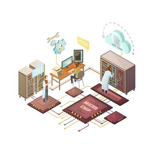 Server room with staff and equipment repair and support services cloud storage and microchips isometric vector illustration