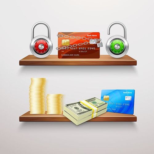 Realistic finance collection with padlocks banking credit cards money cash gold coins on shelves isolated vector illustration