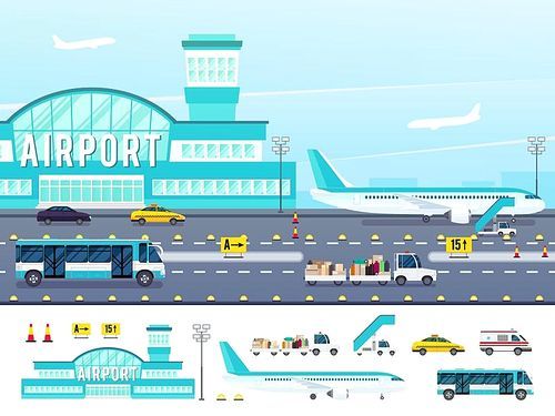Airport with runway lighting equipment vehicles for travelers truck with baggage ladder flat style isolated vector illustration
