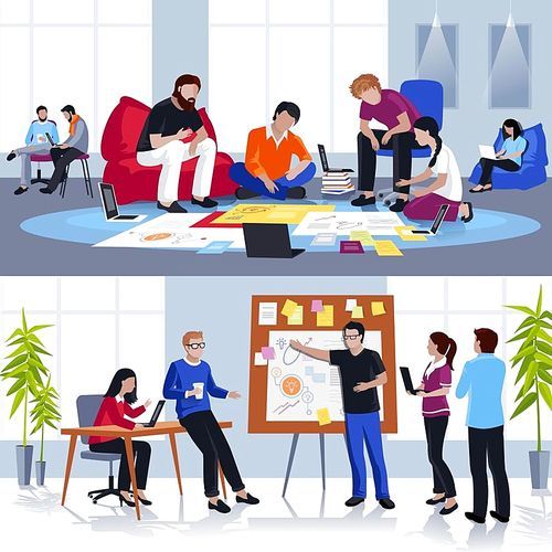 Coworking people flat compositions with conference of creativity employees and people working in team vector illustration