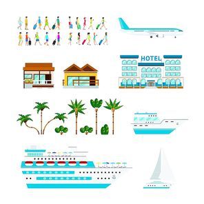 Cruise set with flat isolated images of tourists palms ocean liners yacht plane and beach hotel vector illustration