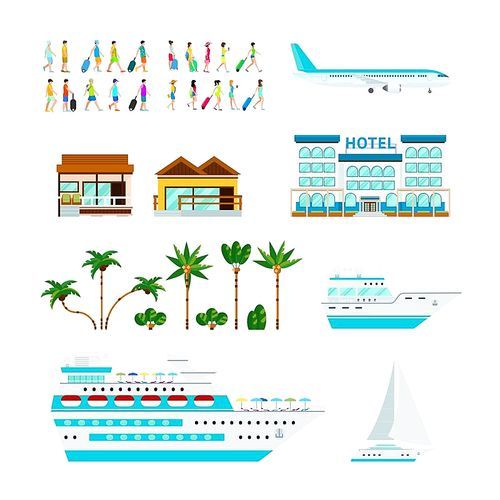 Cruise set with flat isolated images of tourists palms ocean liners yacht plane and beach hotel vector illustration
