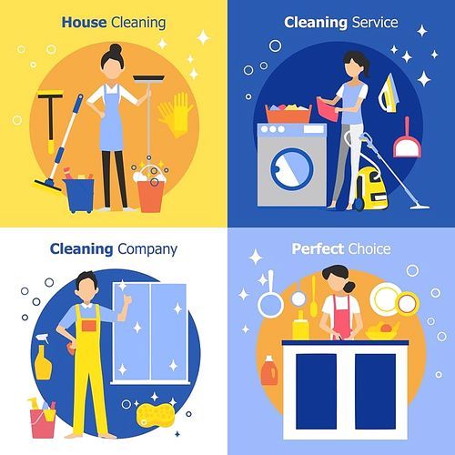 Cleaning people concept with housewife maid and company worker in flat style vector illustration