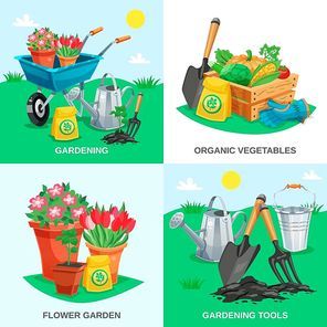 Garden 2x2 design concept set of organic vegetables garden flowers tools and inventory colored compositions flat vector illustration