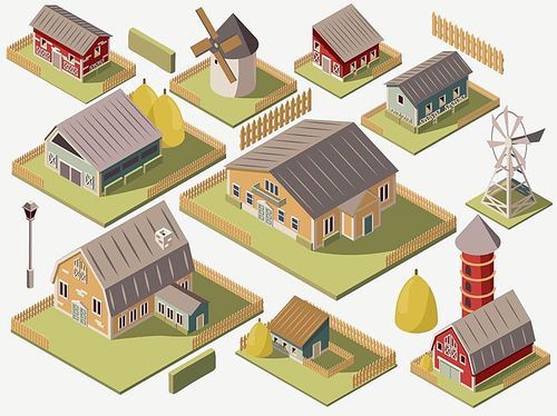 Set of isometric farms with mills barn and silo hay fence and street lamp isolated vector illustration