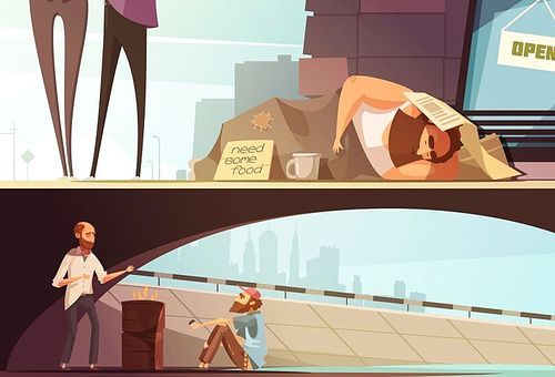 Homeless people banners with sleeping person at street and men getting warm under bridge isolated vector illustration