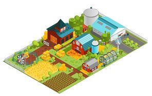 Composition of modern farm rural buildings orchard house plantations isometric images with built structures and plants vector illustration