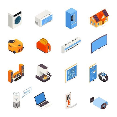 Internet of things smart home elements isometric icons collection with kitchen appliances and cell phone isolated vector illustration
