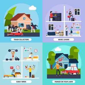 Conflicts with neighbors concept icons set with music lovers and trash collectors symbols flat isolated vector illustration