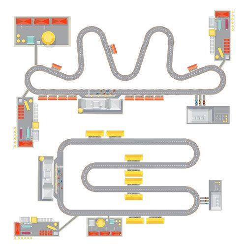 Two isolated complete race track pattern images with top view of course garage buildings and tribunes vector illustration