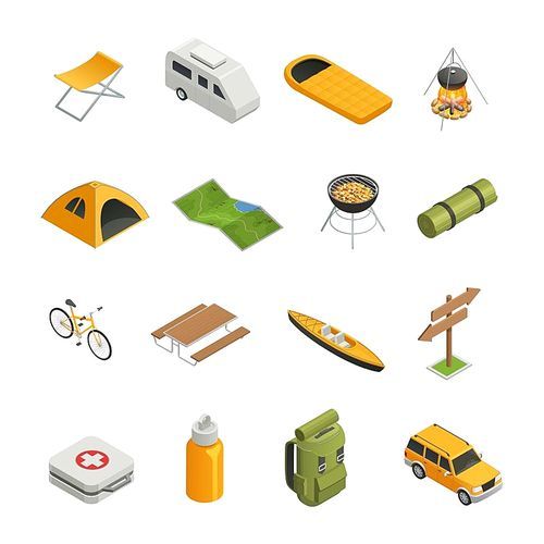 Colored and isolated camping hiking isometric icon set with tools attributes and elements of camp vector illustration