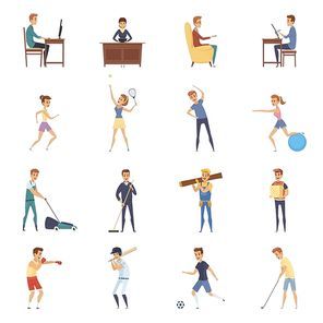 Physical activity and lifestyle isolated icons set with cartoon characters doing sedentary physical and sport activities vector illustration