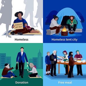 Homeless people 2x2 design concept with hungry beggar sitting on sidewalk man making donation free meal flat vector illustration