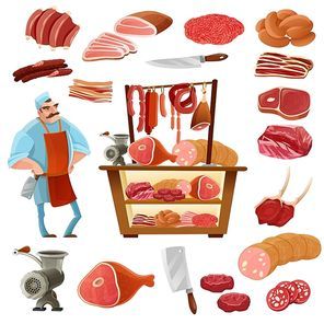 Butcher cartoon set with meat sausage and knife isolated vector illustration