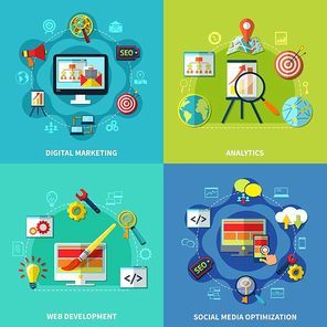 Seo analytics square design concept with digital web marketing social media icons round compositions vector illustration