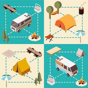 Camp isometric compositions with lines vehicles and tourist equipment forest elements and bonfire isolated vector illustration