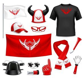 Sport club fans buffs and supporters t-shirt flags and accessories red black design realistic set vector illustration