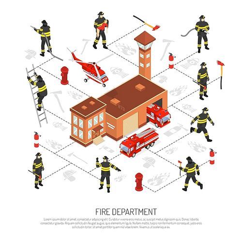 Colored isometric fire department infographic with various situations occurring in fire fighting vector illustration