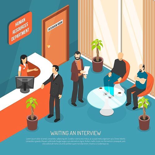 Interview waiting area with human resources department symbols flat vector illustration