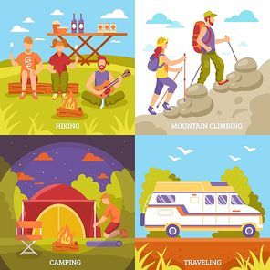 Camping hiking design concept with four square outdoor compositions motorhome tent campfire and faceless people characters vector illustration