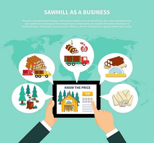 Sawmill as a business composition with businessman s hands holding tab and viewing website on know the price page vector illustration