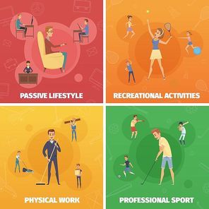 Four compositions set with active lifestyle images of human characters doing sport physical and leisure activities vector illustration