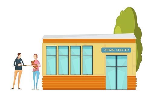 Volunteering composition with flat animal shelter house and young volunteer characters giving food to affected dog vector illustration