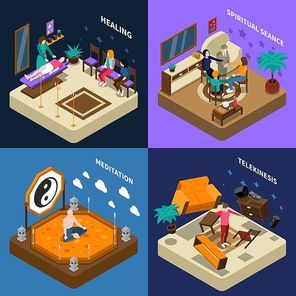 Paranormal abilities isometric compositions with people healing and calling of spirit telekinesis and meditation isolated vector illustration