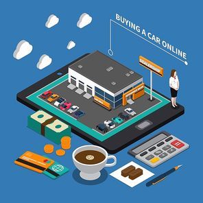 Buying car online isometric composition with dealership on mobile device money coffee on blue background vector illustration