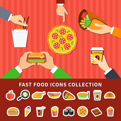 Fast food menu icons collection with hands holding hamburger and coffee cup 2 flat banners poster vector illustration