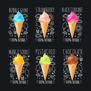 Ice cream chalkboard design set with six isolated compositions of drawn childish symbols and text captions vector illustration