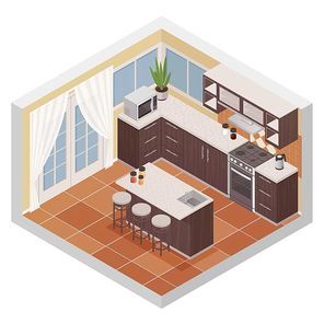 Kitchen interior isometric composition with bar stand oven microwave and shelves for kitchenware flat vector illustration