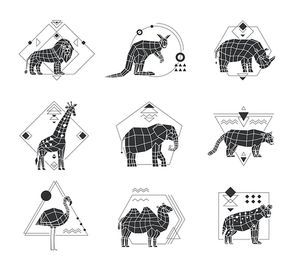 Monochrome polygonal set of six emblems with african animals and geometric pattern isolated on white background vector illustration