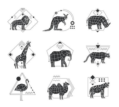 Monochrome polygonal set of six emblems with african animals and geometric pattern isolated on white  vector illustration